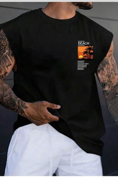 NO 601 تيشيرت رجالي بدون أكمام مطبوع عليه شاطئ أسود