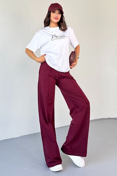 Cappmoda Tkm-0065 Burgundy Touch the Soul Written Injection Printed T-Shirt Loose Trousers Two-Piece Set