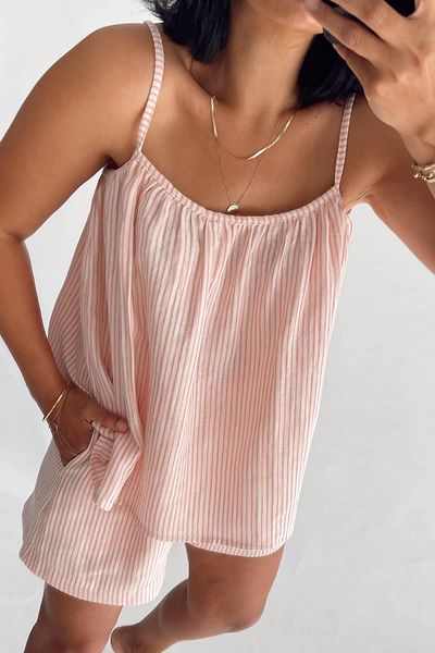 MJAMASS Pink Striped Linen Textured Shorts Set