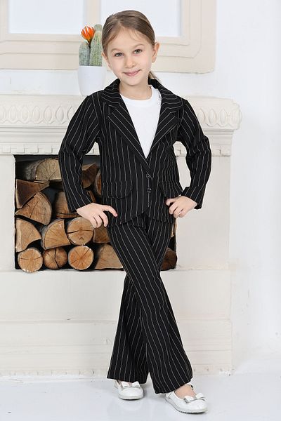 TOFİSA Girls' Black Girls' Double-Breasted Lapel Striped Pocket Detail Jacket and Loose Pants Three-Piece Bottom Top Set