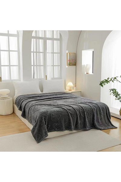 FIONNA.RO Medium Thickness Blanket Embossed Butterflies - Grey