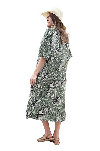 Modasultan Plus Size Collar Button Pocket Slit Patterned Midi Length Viscose Dress