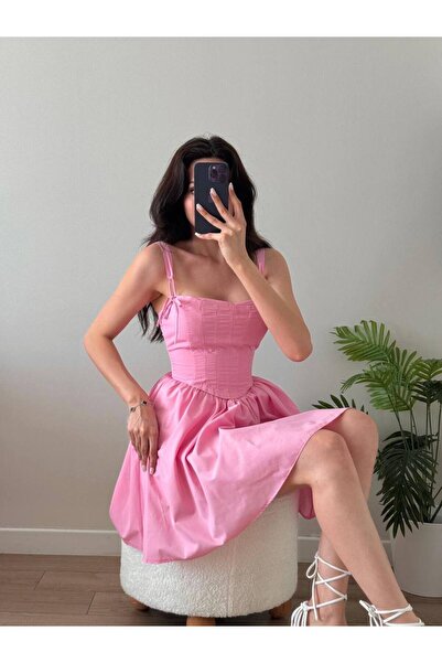 LOCH BUTİK Women's Pink Waist Corset Shoulder Tie Mini Dress