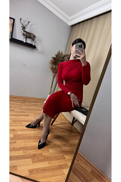 TEXXANA Long Sleeve Sandy Fabric Midi Length Dress