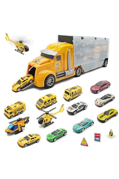 KidProtect Set remorcă camion expres cu mașinuțe de jucărie pentru copii, galben