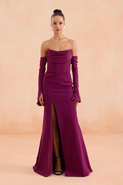 Carmen Plum Gloves Slit Crepe Evening Dress