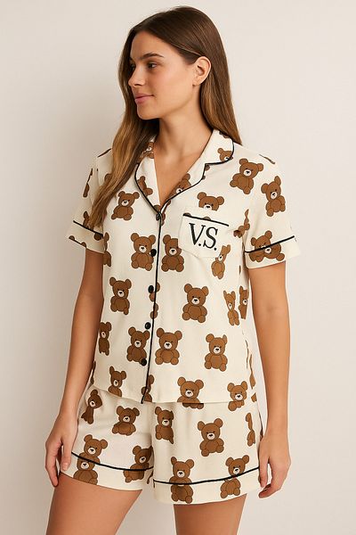 FENZO Cotton Viscose Women's Teddy Bear Shorts Set Short Sleeve Top Bottom Short White Shorts Casual Homewear