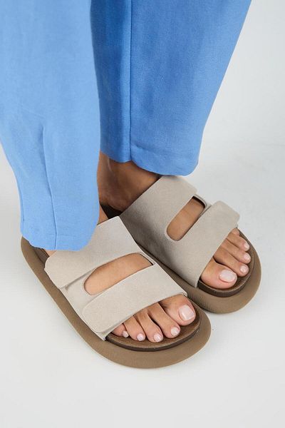 Manijero Lillo Women's Genuine Leather Double Velcro Beige Slippers
