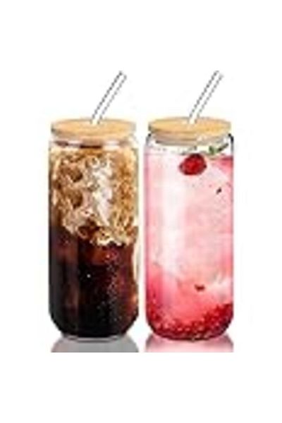 Generic SKY-TOUCH 2 Pcs 550ml Glass Cups with Bamboo Lids and Straws
