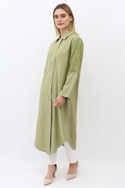 Zühre Shirt Collar Lace Detailed Long Tunic - Çağla