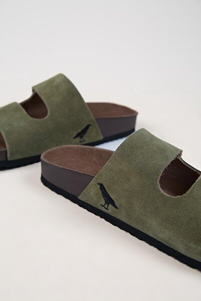 Krahe Ανδρικές παντόφλες Robert από γνήσιο δέρμα με διπλό λουράκι Velcro Khaki