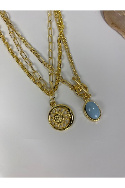 Tılsım Bijuteri Oval Mavi Boncuklu 3'LÜ Ay Güneşli Tasarım Kolye