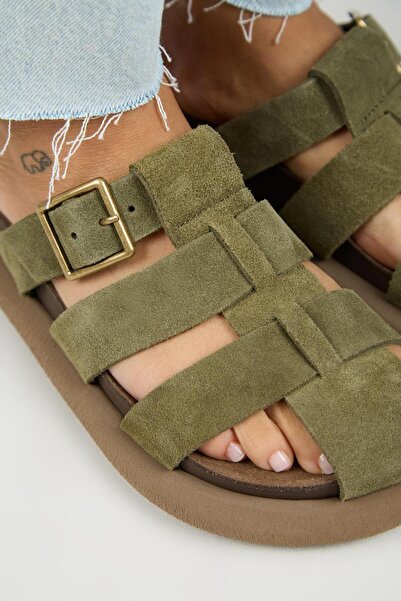 Manijero Brancato Women's Genuine Leather Buckle Strap Sabo Khaki Slippers