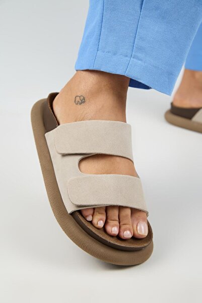 Manijero Lillo Women's Genuine Leather Double Velcro Beige Slippers