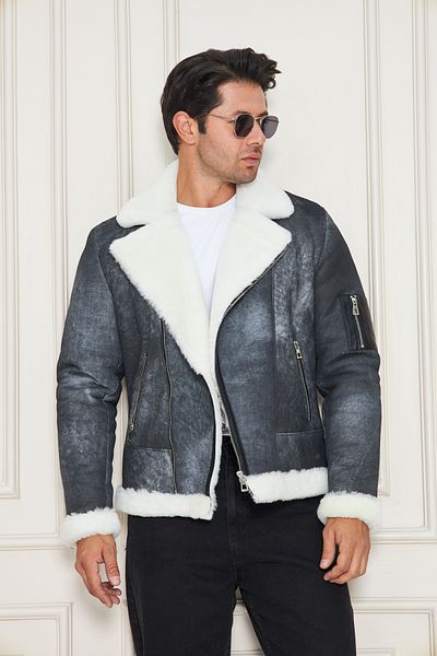 By Marki Marki Men's Genuine Fur Coat, Double Breasted – Gray Tumbled Leather, Double Breasted Zipper, White Fur, Vintage- 500722