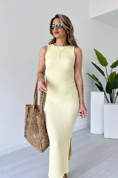 MOZENA Long Length Seersucker Fabric Lycra Dress with Side Slits