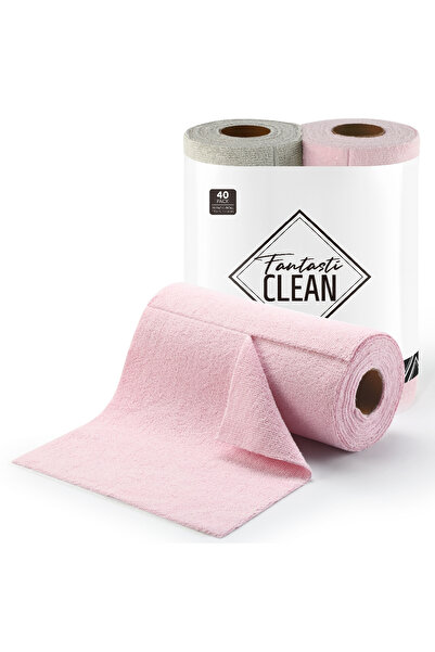 FantastiCLEAN Çok Amaçlı Rulo Mikrofiber Temizlik Bezi 25x25 40 Yapraklı Pembe - Açık Gri(2x20’li Paket)