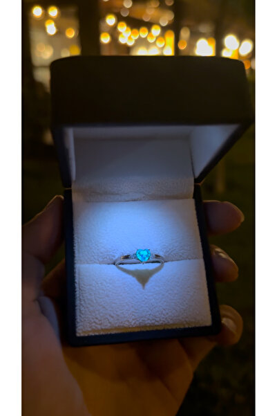 Lunora 925 Ayar Gümüş Gece Parlayan Aqua Kalp Yüzük