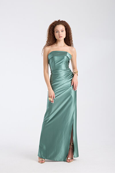 meksila kadın straptes saten likralı uzun yırtmaçlı düğün nişan davet mezuniyet abiye elbise