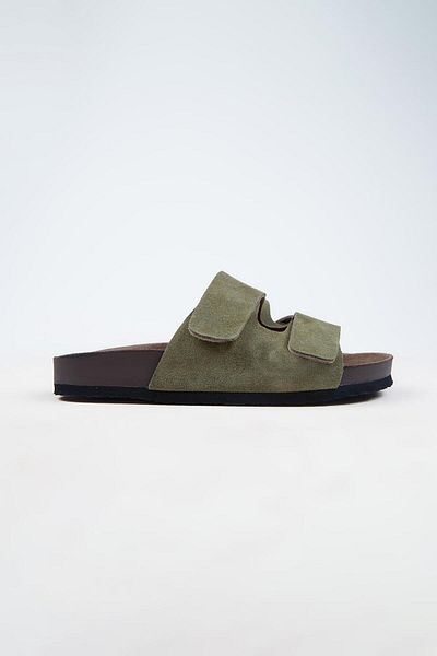 Krahe Robert Men's Genuine Leather Double Strap Velcro Khaki Slippers