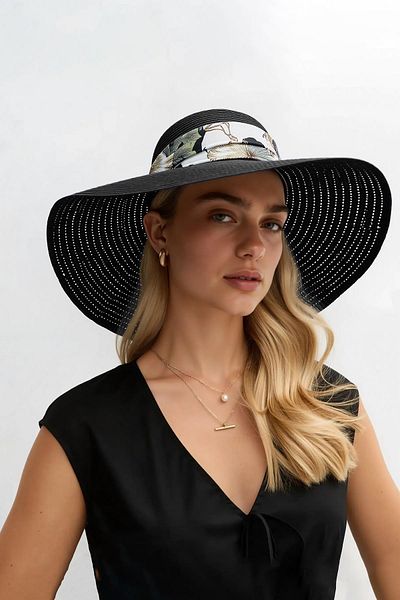 Külah Women Wide Brim Straw Hat with Flower Pattern Stripe Beach Vacation Travel Hat