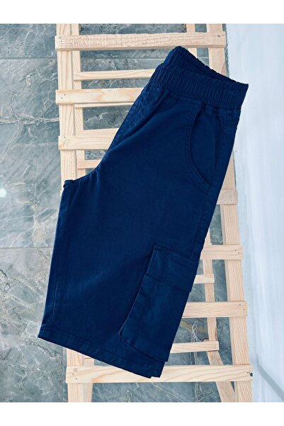 Lexsina Erkek Çocuk Lacivert Beli Lastikli Keten Kargo Cep Kapri