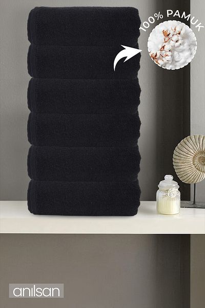 Anılsan 6-Piece Black Hand Towels - 50X90 Cm, 225 Gr, 100% Cotton, Spa and Hotel Towels, Suitable for Daily Use
