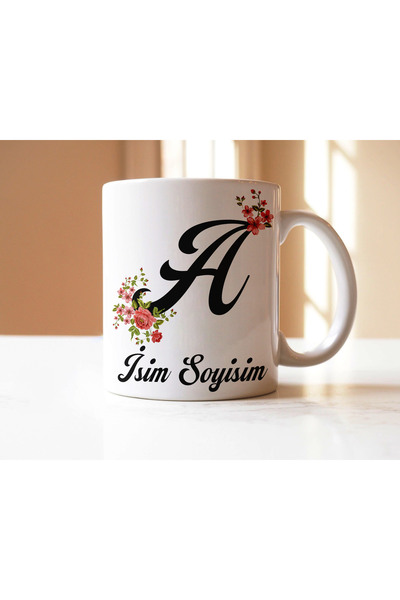 Personalized Initial and Name Surname Flower Design White Mug