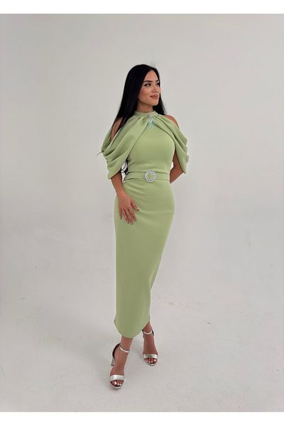 1Moda1Tarz Γυναικείο φόρεμα με λεπτομέρεια με φούντα καρφίτσα από εισαγόμενο ύφασμα κατάδυσης
