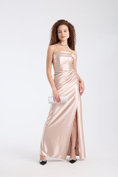 meksila kadın straptes saten likralı uzun yırtmaçlı düğün nişan davet mezuniyet abiye elbise