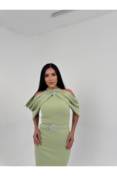1Moda1Tarz Γυναικείο φόρεμα με λεπτομέρεια με φούντα καρφίτσα από εισαγόμενο ύφασμα κατάδυσης