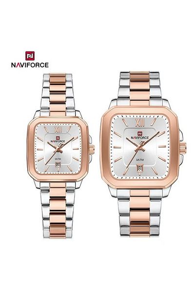 Naviforce Elegant Two-Tone Rose Gold and Silver Stainless Steel Couple Watch Set with Square Dial Date Display