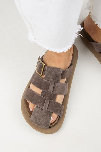 Manijero Brancato Women's Genuine Leather Buckle Banded Sabo Brown Slippers