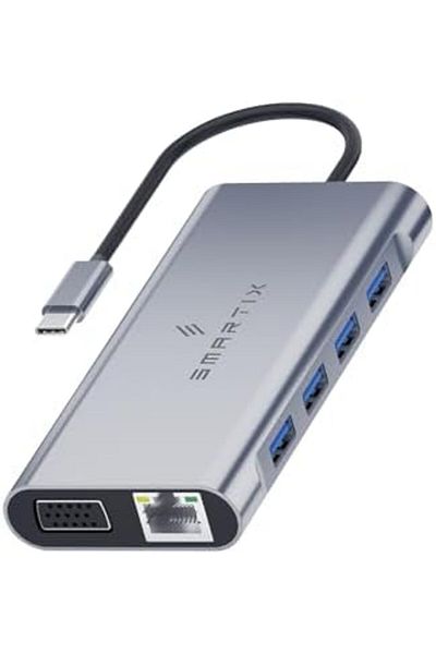 SMARTIX محول موزع USB-C 11 في 1 - شحن PD بقوة 100 وات، HDMI بدقة 4K، VGA، إيثرنت، USB 3.0/2.0، SD/TF،