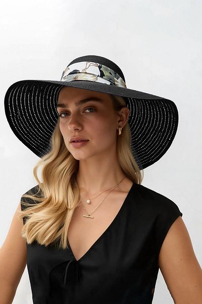 Külah Women Wide Brim Straw Hat with Flower Pattern Stripe Beach Vacation Travel Hat