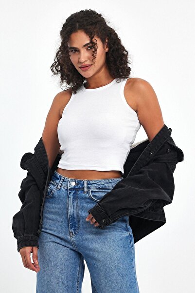 mmetalic Ribbed White Crop Halter Neck Zero Sleeve Cotton 3-Piece Women's Tank Top