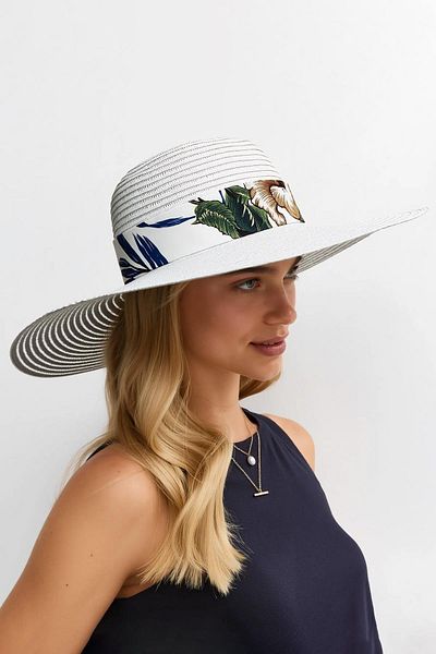 Külah Women Wide Brim Straw Hat with Flower Pattern Stripe Beach Vacation Travel Hat