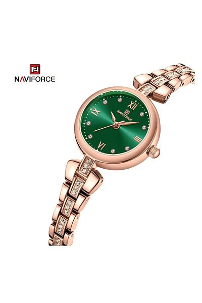 Naviforce Elegant and Luxurious Rose Gold Analog Wrist Watch with Crystal Accents and Green Dial