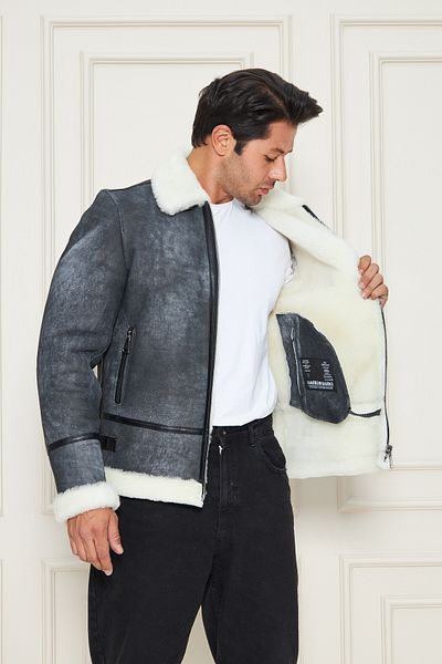 By Marki Marki Men's Pilot Genuine Fur Coat – Gray Tumbled Leather, White Fur, Zippered, Vintage Leather- 500622X