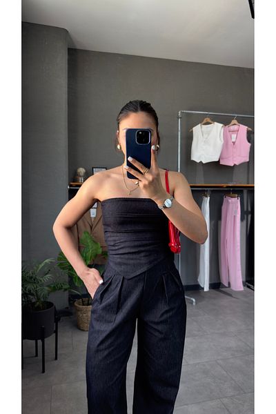 YOUR NAME Strapless Denim Look Bustier Trousers Set
