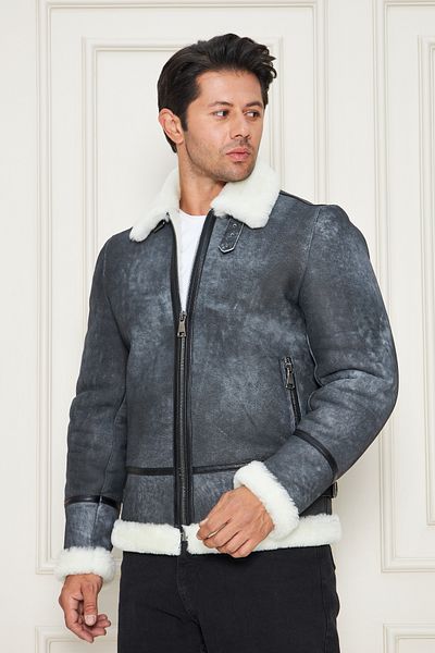 By Marki Marki Men's Pilot Genuine Fur Coat – Gray Tumbled Leather, White Fur, Zippered, Vintage Leather- 500622X