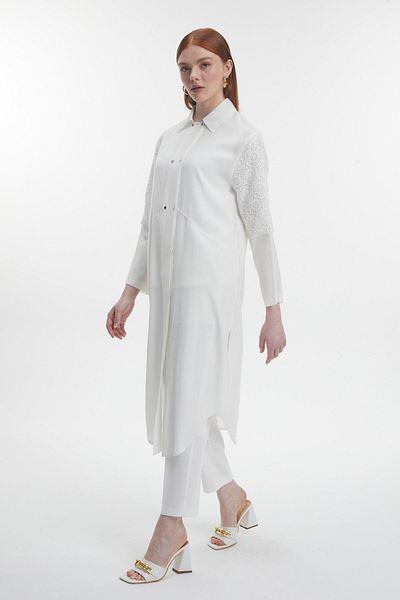 Zühre Shirt Collar Lace Detailed Long Tunic - Ecru