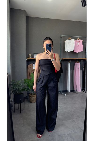 YOUR NAME Strapless Denim Look Bustier Trousers Set