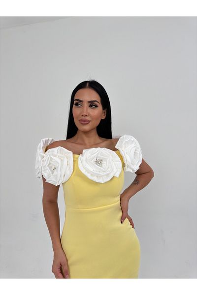 1Moda1Tarz Γυναικείο Εισαγόμενο Σκαμπό Ύφασμα Carmen Collar Rose Λεπτομερές Φόρεμα με λεπτομέρεια με σχισμή στην πλάτη