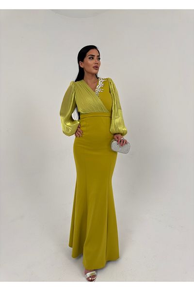1Moda1Tarz Γυναικείο Ειδικό Σχεδιασμένο Φόρεμα με Εισαγόμενο Scuba Crepe υφασμάτινο μανίκια και σιφόν στήθος με επένδυση από πέτρα