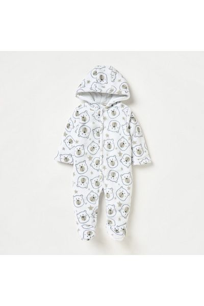 Juniors All-Over Bear Print Hooded Closed Feet Sleepsuit with Long Sleeves