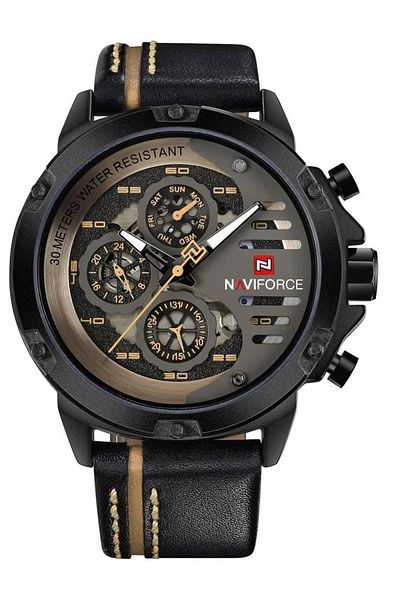 Naviforce Mens Multifunctional Analog Wristwatch with Quartz Battery Chronograph Leather Strap Water Resistant