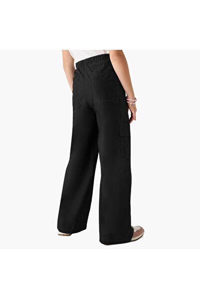 Juniors Solid Cargo Pants with Button Closure and Pockets