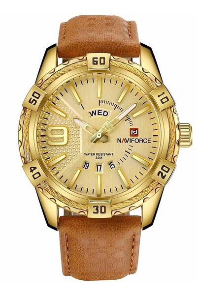 Naviforce Mens Gold Dial Brown Leather Strap Quartz Analog Watch 30M Water Resistant