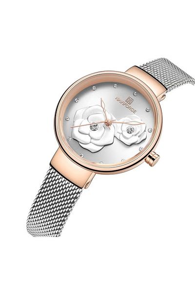 Naviforce Women's Elegant Quartz Watch – Floral Dial, Crystal Hour Markers, Stainless Steel Mesh Strap